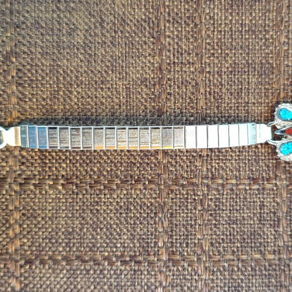 Vintage Native American Inlaid Turquoise & Red Coral Butterfly Silver Watch Band - Picture 5 of 11